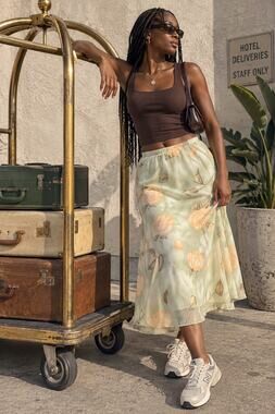 Cricket Lane Sage Green Peach Rose Floral Midi Skirt Elastic Waist